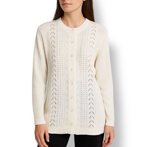 Vintage 90s Off White Knit Cardigan Sweater Crochet Diamond Pattern Long Sleeve